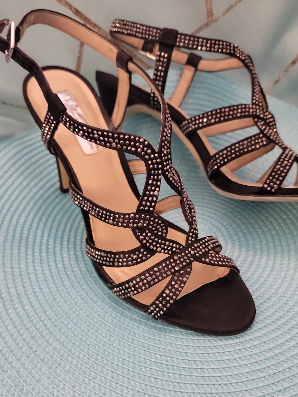 INC International Concepts Black Rhinestone Strappy High Heel Sandals